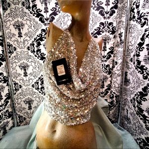 FASHION NOVA Dangerous Love Silver Sequin Cowl Neck Halter Top